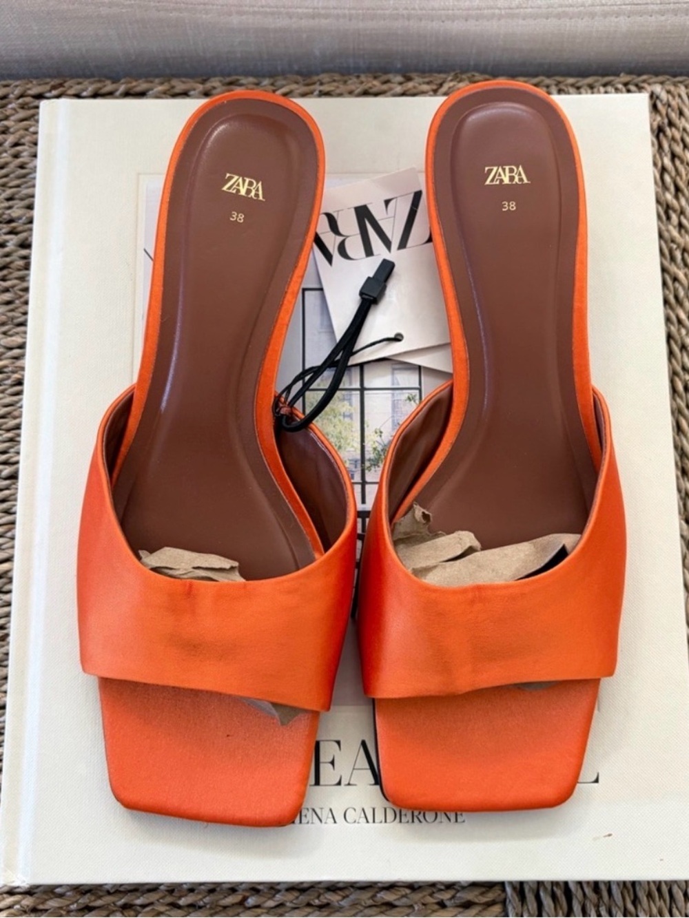 Zara Orange Square-Toe Kitten Heels 38